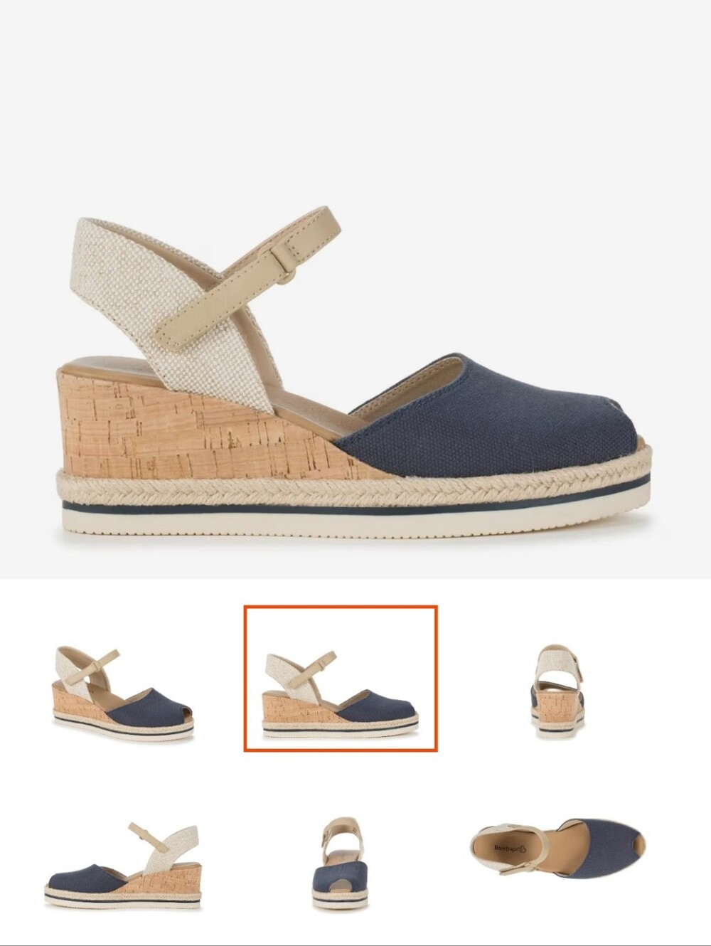 BARETRAPS-NEW IN BOX- Navy Canvas and Beige Cork Wedge Sandals